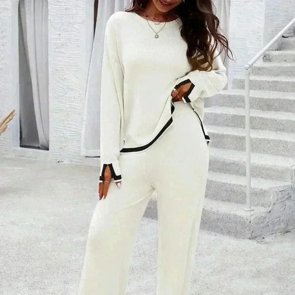 White Casual Women's Daily Color Block Sweater Set - Picture 5 of 8
